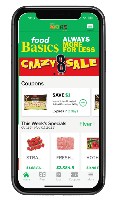 Cell phone image with Food Basics mobile application