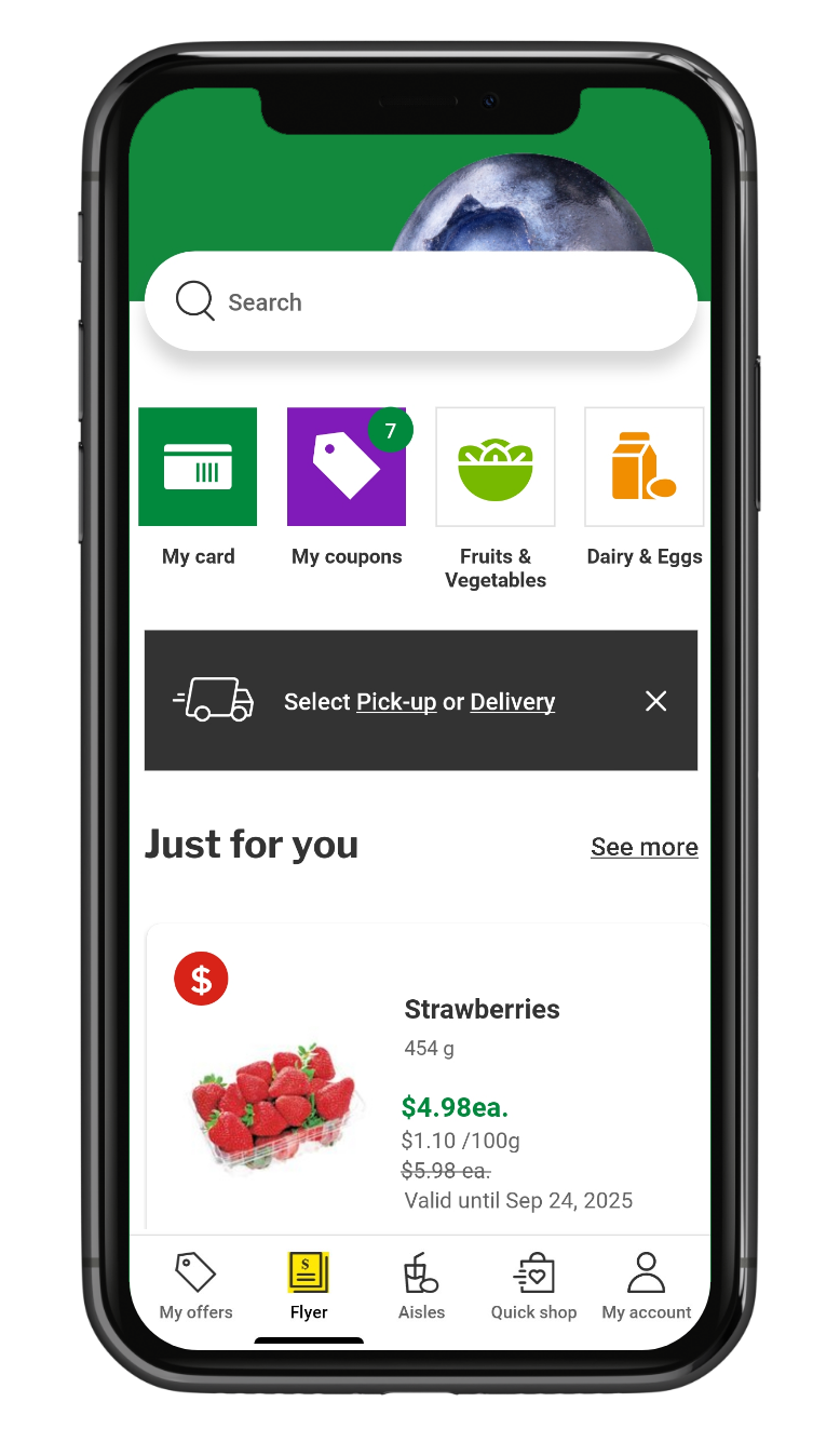 Cell phone image with Food Basics mobile application