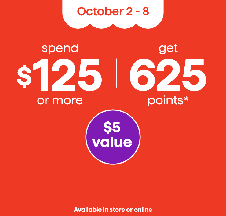 October 2 - 8 - Spend $125 or more, get 625 points* - $5 value - Available in store or online - Pay with your linked RBC Card and get 2x in Moi points = $10 value