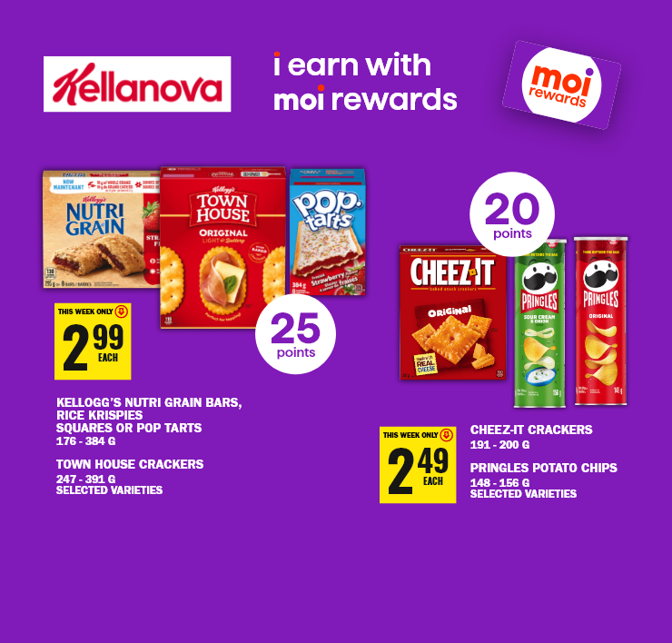 Kellanova - i earn with Moi Rewards - Kellogg's Nutrigrain Bars, Rice Krispies Squares or Pop Tarts, Townhouse Crackers, Chees-It Crackers or Pringles Potato Chips