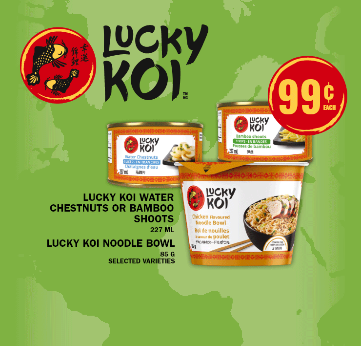 Lucky Koi - Lucky Koi Vermicelli or Chow Mein Noodles - Lucky Koi Say Sauce - Lucky Koi Water Chestnuts or Bamboo Shoots - Lucky Koi Noodle Bowl.