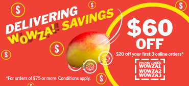 Delivering Wowza! Savings - $60 OFF - $20 off your first 3 online orders* - Promo Codes : WOWZA1 WOWZA2 WOWZA3 - *For orders of $75 or more. Conditions apply