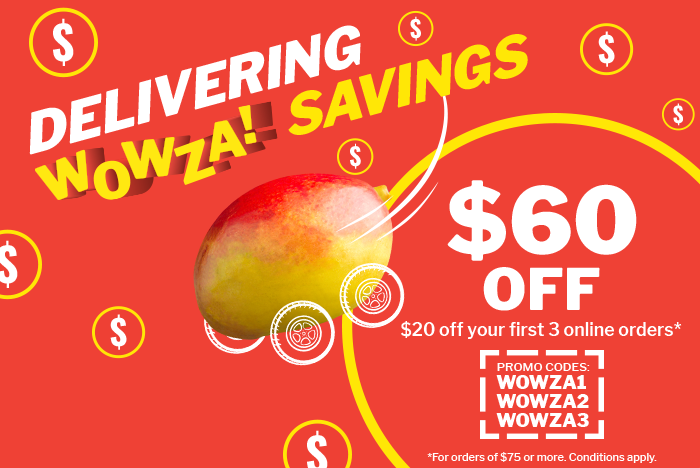 Delivering WOWZA! Savings - $60 OFF - $20 off your first 3 online orders* - promocode WOWZA1 WOWZA2 WOWZA3 - *For orders of $75 or more. Condition apply