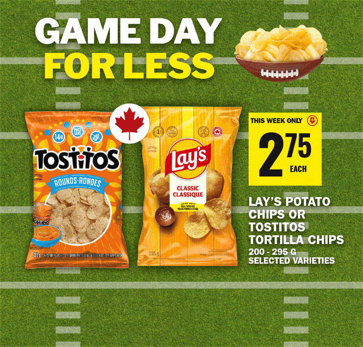 Game Day For less - Smartfood popcorn or munchies snack mix - Lay's potato chips or Tostitos Tortilla Chips - Bubly Sparkling water - Montellier carbonated water