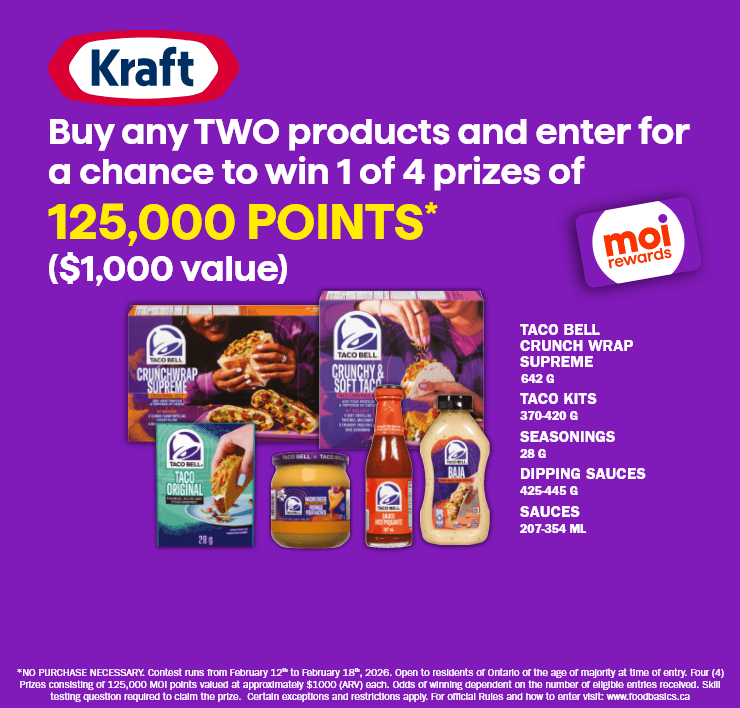 Kraft - Buy any Two products and enter for a chance to win 1 of 4 prizes of 125,000 Points ($1,000 value) - taco bell Crunch Wrap Supreme - taco kits - Seasonnings - Dipping Sauces - Sauces