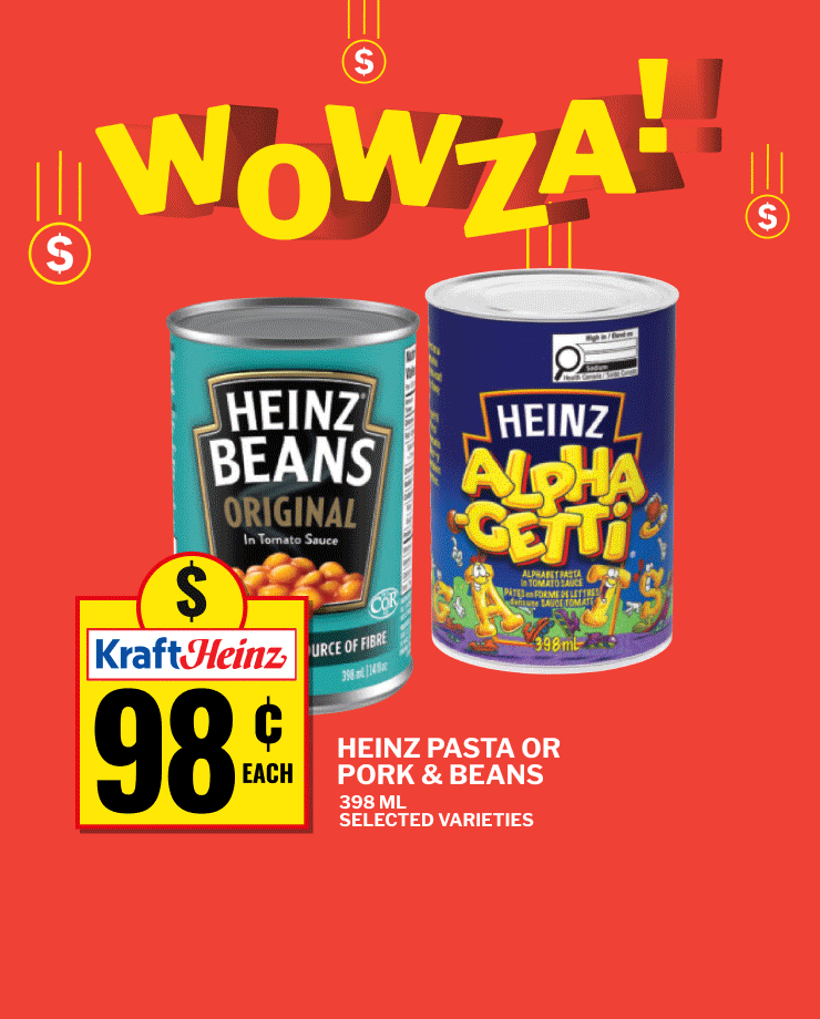 WOWZA. Heinz pasta or pork and beans in 398 mL, selected varieties, Coca-Cola soft drinks in 6 x 710 mL, selected varieties,  Christie Ritz or Triscuit crackers in 180 to 200 g formats, Oreo or Chips Ahoy! snack packs in 150 to 156 g formats, and Crispers or Bits & Bites snacks in 145 g formats, selected varieties.