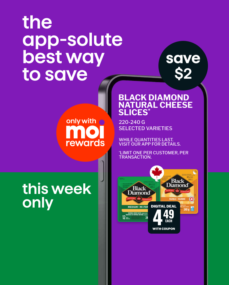 The App-Solute Best Way to Save! This Week Only With Moi Rewards, Save on Black Diamond Natural Cheese Slices.